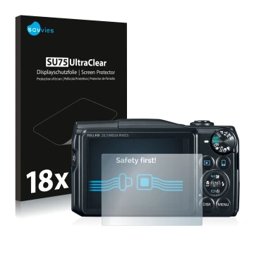 Vorderseite einer Produktverpackung mit dem Markenlogo Savvies. Daneben ist das Gerät Canon PowerShot SX710 HS mit dem zugehör