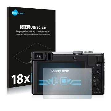 Vorderseite einer Produktverpackung mit dem Markenlogo Savvies. Daneben ist das Gerät Panasonic Lumix DMC-TZ71 mit dem zugehör