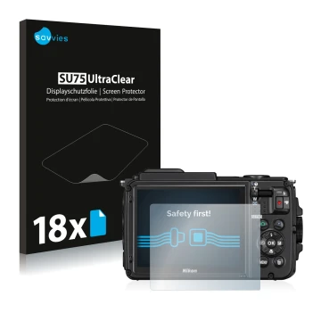 Vorderseite einer Produktverpackung mit dem Markenlogo Savvies. Daneben ist das Gerät Nikon Coolpix AW130 mit dem zugehörigen 