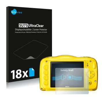 Vorderseite einer Produktverpackung mit dem Markenlogo Savvies. Daneben ist das Gerät Nikon Coolpix S33 mit dem zugehörigen Di