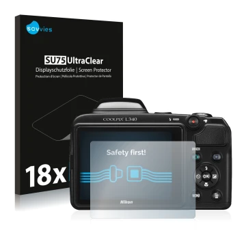 Vorderseite einer Produktverpackung mit dem Markenlogo Savvies. Daneben ist das Gerät Nikon Coolpix L340 mit dem zugehörigen D