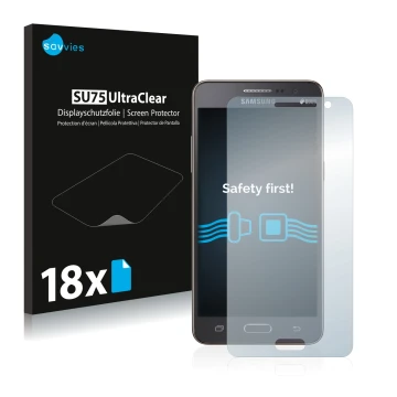 Vorderseite einer Produktverpackung mit dem Markenlogo Savvies. Daneben ist das Gerät Samsung Galaxy Grand Prime SM-G530FZ mit