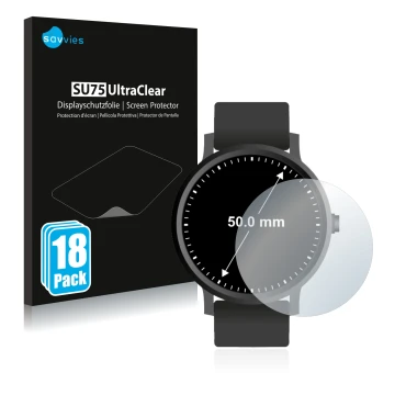 Vorderseite einer Produktverpackung mit dem Markenlogo Savvies. Daneben ist das Gerät Armbanduhren (Kreisrund, ø: 50 mm) mit d