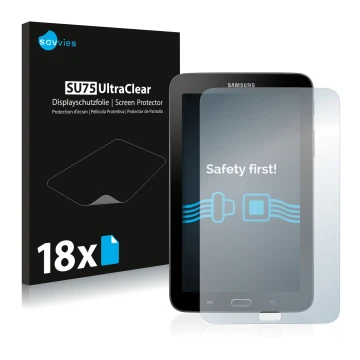 Vorderseite einer Produktverpackung mit dem Markenlogo Savvies. Daneben ist das Gerät Samsung Galaxy Tab 3 SM-T113 mit dem zug