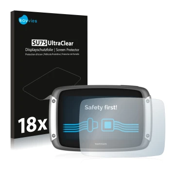 Vorderseite einer Produktverpackung mit dem Markenlogo Savvies. Daneben ist das Gerät TomTom Rider 400 mit dem zugehörigen Dis