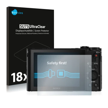 Vorderseite einer Produktverpackung mit dem Markenlogo Savvies. Daneben ist das Gerät Sony Cyber-Shot DSC-HX90 mit dem zugehör