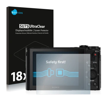 Vorderseite einer Produktverpackung mit dem Markenlogo Savvies. Daneben ist das Gerät Sony Cyber-Shot DSC-HX90V mit dem zugehö