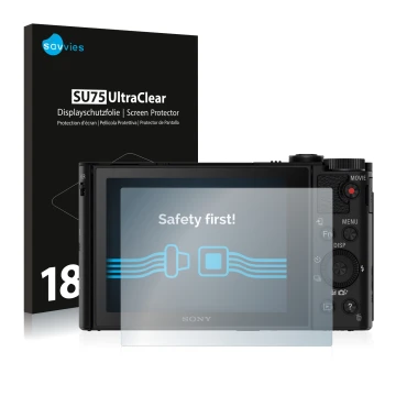 Vorderseite einer Produktverpackung mit dem Markenlogo Savvies. Daneben ist das Gerät Sony Cyber-Shot DSC-WX500 mit dem zugehö