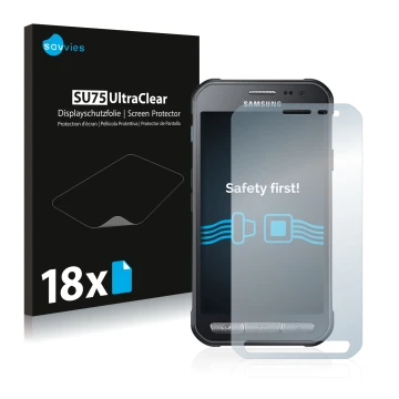 Vorderseite einer Produktverpackung mit dem Markenlogo Savvies. Daneben ist das Gerät Samsung Galaxy XCover 3 mit dem zugehöri