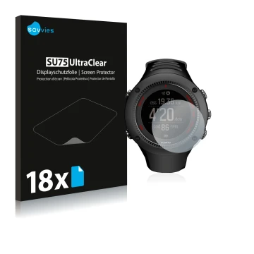 Vorderseite einer Produktverpackung mit dem Markenlogo Savvies. Daneben ist das Gerät Suunto Ambit3 Run Black mit dem zugehöri