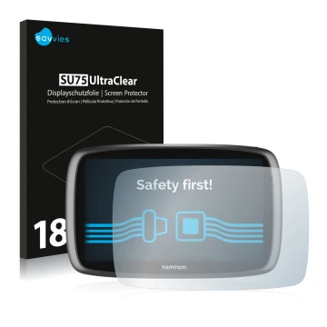 Vorderseite einer Produktverpackung mit dem Markenlogo Savvies. Daneben ist das Gerät TomTom GO 6100 mit dem zugehörigen Displ