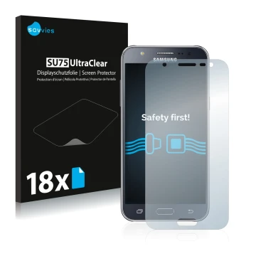 Vorderseite einer Produktverpackung mit dem Markenlogo Savvies. Daneben ist das Gerät Samsung Galaxy J5 2015 mit dem zugehörig