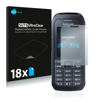 Vorderseite einer Produktverpackung mit dem Markenlogo Savvies. Daneben ist das Gerät Samsung Xcover 550 mit dem zugehörigen D