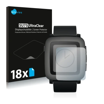 Vorderseite einer Produktverpackung mit dem Markenlogo Savvies. Daneben ist das Gerät Pebble Time mit dem zugehörigen Displays