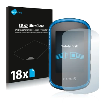 Vorderseite einer Produktverpackung mit dem Markenlogo Savvies. Daneben ist das Gerät Garmin eTrex Touch 25 mit dem zugehörige