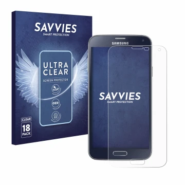 Vorderseite einer Produktverpackung mit dem Markenlogo Savvies. Daneben ist das Gerät Samsung Galaxy S5 Neo mit dem zugehörige