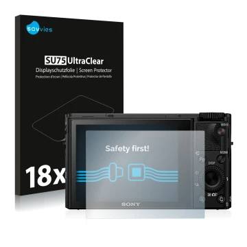 Vorderseite einer Produktverpackung mit dem Markenlogo Savvies. Daneben ist das Gerät Sony Cyber-Shot DSC-RX100 IV mit dem zug