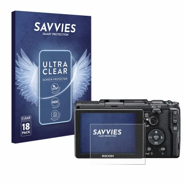 Vorderseite einer Produktverpackung mit dem Markenlogo Savvies. Daneben ist das Gerät Ricoh GR II 2015 mit dem zugehörigen Dis