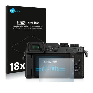 Vorderseite einer Produktverpackung mit dem Markenlogo Savvies. Daneben ist das Gerät Panasonic Lumix DMC-GX8 mit dem zugehöri