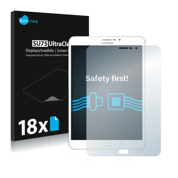 Vorderseite einer Produktverpackung mit dem Markenlogo Savvies. Daneben ist das Gerät Samsung Galaxy Tab Tab S2 8.0 LTE mit de