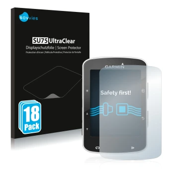 Vorderseite einer Produktverpackung mit dem Markenlogo Savvies. Daneben ist das Gerät Garmin Edge 520 mit dem zugehörigen Disp
