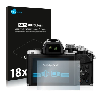 Vorderseite einer Produktverpackung mit dem Markenlogo Savvies. Daneben ist das Gerät Olympus OM-D E-M10 Mark II mit dem zugeh