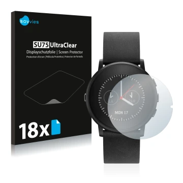 Vorderseite einer Produktverpackung mit dem Markenlogo Savvies. Daneben ist das Gerät Pebble Time Round mit dem zugehörigen Di