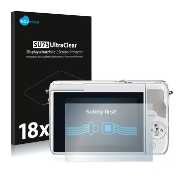 Vorderseite einer Produktverpackung mit dem Markenlogo Savvies. Daneben ist das Gerät Canon EOS M10 mit dem zugehörigen Displa