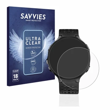 Vorderseite einer Produktverpackung mit dem Markenlogo Savvies. Daneben ist das Gerät Garmin Forerunner 235 mit dem zugehörige