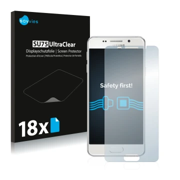 Vorderseite einer Produktverpackung mit dem Markenlogo Savvies. Daneben ist das Gerät Samsung Galaxy A3 2016 mit dem zugehörig