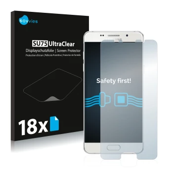 Vorderseite einer Produktverpackung mit dem Markenlogo Savvies. Daneben ist das Gerät Samsung Galaxy A5 2016 mit dem zugehörig