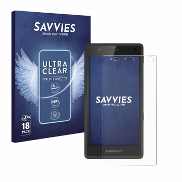 Vorderseite einer Produktverpackung mit dem Markenlogo Savvies. Daneben ist das Gerät Fairphone 2 mit dem zugehörigen Displays