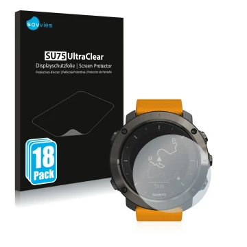 Vorderseite einer Produktverpackung mit dem Markenlogo Savvies. Daneben ist das Gerät Suunto Traverse mit dem zugehörigen Disp