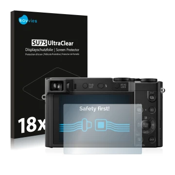 Vorderseite einer Produktverpackung mit dem Markenlogo Savvies. Daneben ist das Gerät Panasonic Lumix DMC-TZ101 mit dem zugehö