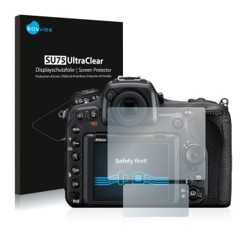 Vorderseite einer Produktverpackung mit dem Markenlogo Savvies. Daneben ist das Gerät Nikon D500 mit dem zugehörigen Displaysc