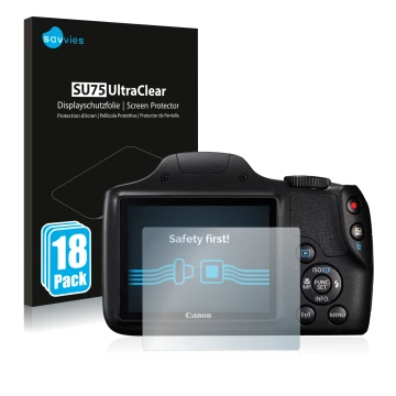 Vorderseite einer Produktverpackung mit dem Markenlogo Savvies. Daneben ist das Gerät Canon PowerShot SX540 HS mit dem zugehör