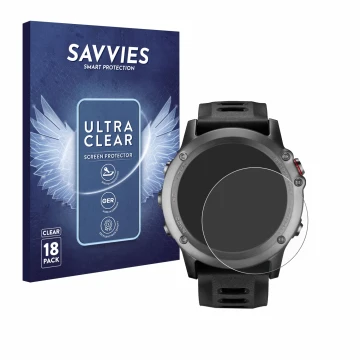 Vorderseite einer Produktverpackung mit dem Markenlogo Savvies. Daneben ist das Gerät Garmin Fenix 3 HR mit dem zugehörigen Di