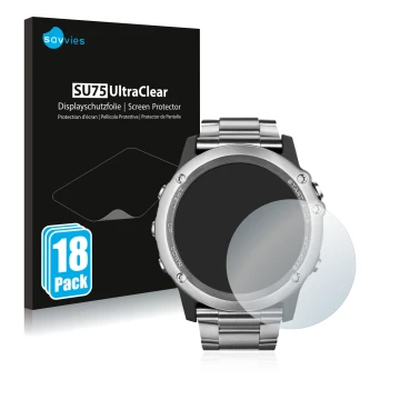 Vorderseite einer Produktverpackung mit dem Markenlogo Savvies. Daneben ist das Gerät Garmin Fenix 3 Saphir mit dem zugehörige