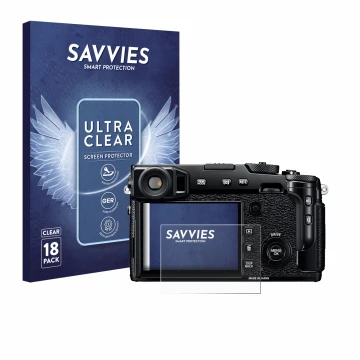Vorderseite einer Produktverpackung mit dem Markenlogo Savvies. Daneben ist das Gerät Fujifilm X-Pro2 mit dem zugehörigen Disp