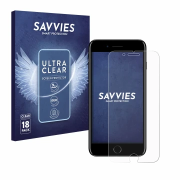 Vorderseite einer Produktverpackung mit dem Markenlogo Savvies. Daneben ist das Gerät Apple iPhone 7 Plus mit dem zugehörigen 