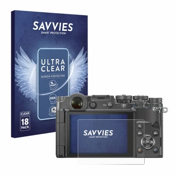 Vorderseite einer Produktverpackung mit dem Markenlogo Savvies. Daneben ist das Gerät Olympus PEN-F mit dem zugehörigen Displa