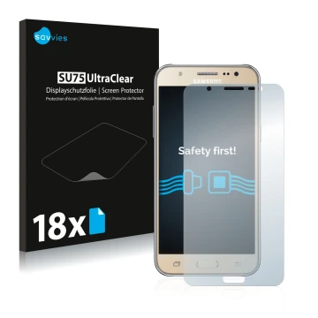 Vorderseite einer Produktverpackung mit dem Markenlogo Savvies. Daneben ist das Gerät Samsung Galaxy J7 2016 mit dem zugehörig