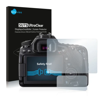 Vorderseite einer Produktverpackung mit dem Markenlogo Savvies. Daneben ist das Gerät Canon EOS 80D mit dem zugehörigen Displa