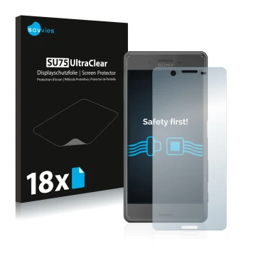 Vorderseite einer Produktverpackung mit dem Markenlogo Savvies. Daneben ist das Gerät Sony Xperia X Performance mit dem zugehö