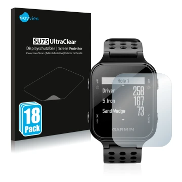 Vorderseite einer Produktverpackung mit dem Markenlogo Savvies. Daneben ist das Gerät Garmin Approach S20 mit dem zugehörigen 