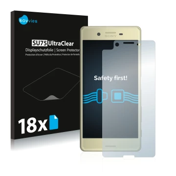 Vorderseite einer Produktverpackung mit dem Markenlogo Savvies. Daneben ist das Gerät Sony Xperia X mit dem zugehörigen Displa