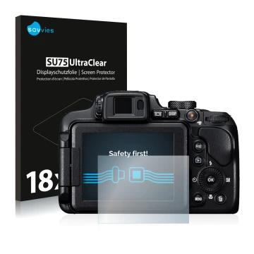 Vorderseite einer Produktverpackung mit dem Markenlogo Savvies. Daneben ist das Gerät Nikon Coolpix B700 mit dem zugehörigen D