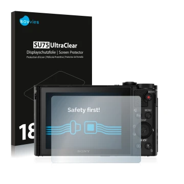 Vorderseite einer Produktverpackung mit dem Markenlogo Savvies. Daneben ist das Gerät Sony Cyber-Shot DSC-HX80 mit dem zugehör