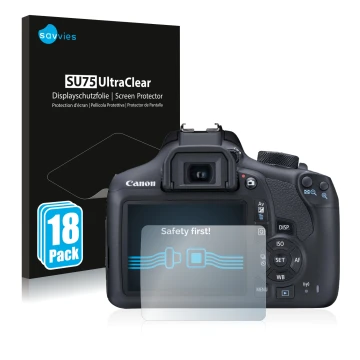 Vorderseite einer Produktverpackung mit dem Markenlogo Savvies. Daneben ist das Gerät Canon EOS 1300D mit dem zugehörigen Disp