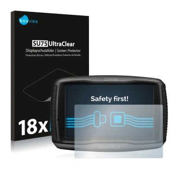 Vorderseite einer Produktverpackung mit dem Markenlogo Savvies. Daneben ist das Gerät Garmin zumo 595LM mit dem zugehörigen Di